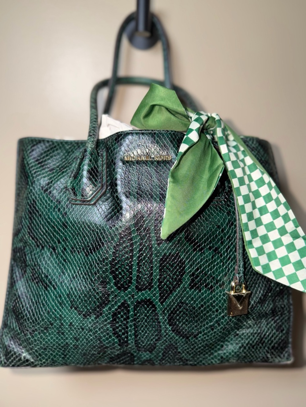 EUC Michael Kors Green Snake-Embossed Leather Tote with Green Scarf Accent